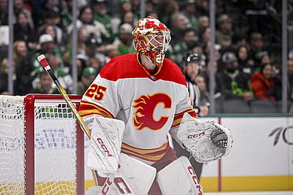 Nov 24, 2023; Dallas, Texas, USA; Calgary Flames goaltender Jacob Markstrom (25) during the game between the Dallas Stars and the Calgary Flames at the American Airlines Center. Mandatory Credit: Jerome Miron-USA TODAY Sports