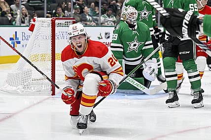 Nov 24, 2023; Dallas, Texas, USA; Calgary Flames center Blake Coleman (20) celebrates after scoring a goal against Dallas Stars goaltender Jake Oettinger (29) during the third period at the American Airlines Center. Mandatory Credit: Jerome Miron-USA TODAY Sports