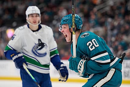 Nov 25, 2023; San Jose, California, USA; San Jose Sharks left wing Fabian Zetterlund (20) reacts after scoring a goal against the Vancouver Canucks during the second period at SAP Center at San Jose. Mandatory Credit: Robert Edwards-USA TODAY Sports