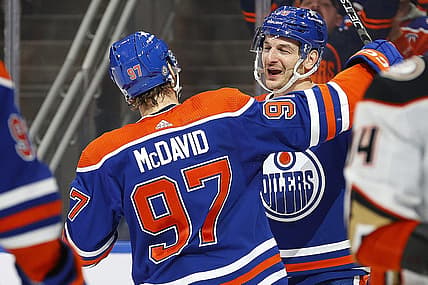 Nov 26, 2023; Edmonton, Alberta, CAN; The Edmonton Oilers celebrate a goal scored by forward Zach Hyman (18) during the first period against the Anaheim Ducks at Rogers Place. Mandatory Credit: Perry Nelson-USA TODAY Sports