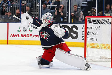 Nov 27, 2023; Columbus, Ohio, USA; Columbus Blue Jackets goalie Spencer Martin (30) makes a blocker save during the first period against the Boston Bruins at Nationwide Arena. Mandatory Credit: Russell LaBounty-USA TODAY Sports