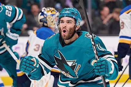 Nov 16, 2023; San Jose, California, USA; San Jose Sharks center Luke Kunin (11) reacts after scoring a goal against the St. Louis Blues during the second period at SAP Center at San Jose. Mandatory Credit: Robert Edwards-USA TODAY Sports