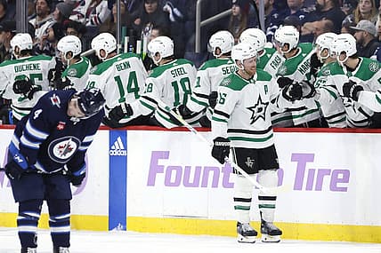 Nov 28, 2023; Winnipeg, Manitoba, CAN; Dallas Stars center Joe Pavelski (16) celebrates his second period goal against the Winnipeg Jets at Canada Life Centre. Mandatory Credit: James Carey Lauder-USA TODAY Sports