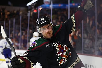 Nov 28, 2023; Tempe, Arizona, USA; Arizona Coyotes center Travis Boyd (72) celebrates after scoring a goal against the Tampa Bay Lightning in the second period at Mullett Arena. Mandatory Credit: Mark J. Rebilas-USA TODAY Sports