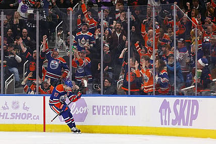 Nov 28, 2023; Edmonton, Alberta, CAN; Edmonton Oilers forward Connor McDavid (97) celebrates after scoring a goal during the second period against the Vegas Golden Knights at Rogers Place. Mandatory Credit: Perry Nelson-USA TODAY Sports
