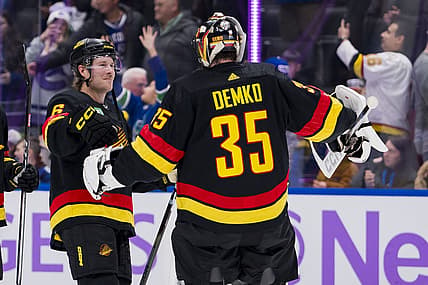 Nov 28, 2023; Vancouver, British Columbia, CAN; Vancouver Canucks forward Brock Boeser (6) and goalie Thatcher Demko (35) celebrate thier victory against the Anaheim Ducks at Rogers Arena. Vancouver won 3-1. Mandatory Credit: Bob Frid-USA TODAY Sports