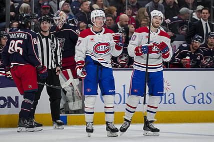 Nov 29, 2023; Columbus, Ohio, USA;  Montreal Canadiens defenseman Gustav Lindstrom (27) celebrates scoring a goal against the Columbus Blue Jackets in the third period at Nationwide Arena. Mandatory Credit: Aaron Doster-USA TODAY Sports