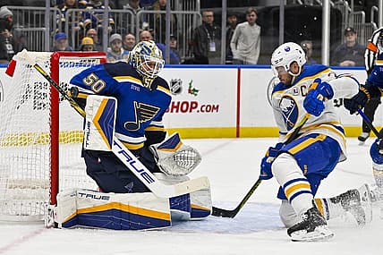 Nov 30, 2023; St. Louis, Missouri, USA;  St. Louis Blues goaltender Jordan Binnington (50) makes a save against Buffalo Sabres right wing Kyle Okposo (21) during the first period at Enterprise Center. Mandatory Credit: Jeff Curry-USA TODAY Sports