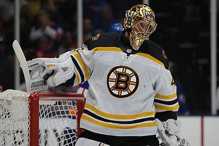 Jun 9, 2021; Uniondale, New York, USA; Boston Bruins goalie Tuukka Rask (40) reacts after a goal by the New York Islanders during the second period of game six of the second round of the 2021 Stanley Cup Playoffs at Nassau Veterans Memorial Coliseum. Mandatory Credit: Brad Penner-USA TODAY Sports