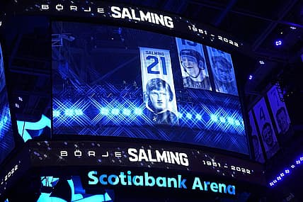 Nov 30, 2022; Toronto, Ontario, CAN; The scoreboard displays a tribute to the late Toronto Maple Leafs  Borje Salming before the start of the first period between the San Jose Sharks and Toronto Maple Leafs at Scotiabank Arena. Mandatory Credit: John E. Sokolowski-USA TODAY Sports
