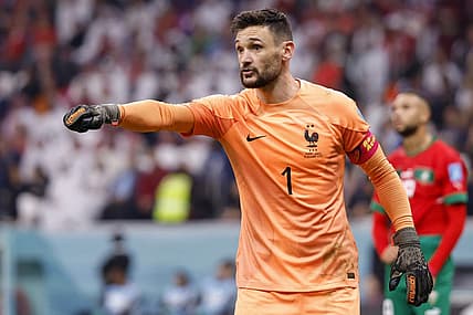 Dec 14, 2022; Al Khor, Qatar; France goalkeeper Hugo Lloris (1) gestures against Morocco during the first half of a semifinal match during the 2022 World Cup at Al Bayt Stadium. Mandatory Credit: Yukihito Taguchi-USA TODAY Sports