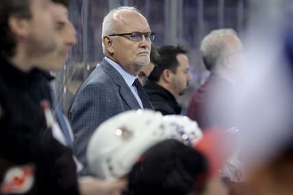 Apr 24, 2023; New York, New York, USA; New Jersey Devils head coach Lindy Ruff coaches against the New York Rangers during the second period in game four of the first round of the 2023 Stanley Cup Playoffs at Madison Square Garden. Mandatory Credit: Brad Penner-USA TODAY Sports
