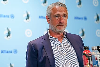 Oct 7, 2023; Saint Paul, Minnesota, USA; Minnesota United interim head coach Sean McAuley hosts the post-match press conference after defeating the Los Angeles Galaxy at Allianz Field. Mandatory Credit: Matt Blewett-USA TODAY Sports