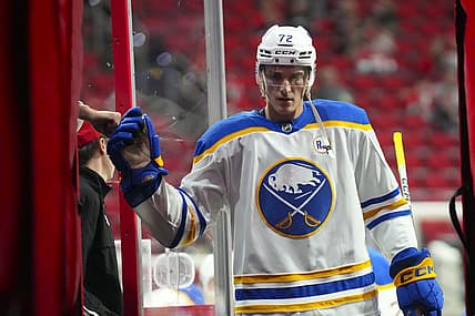 Nov 7, 2023; Raleigh, North Carolina, USA; Buffalo Sabres right wing Tage Thompson (72) comes off the ice after the warmups before the game against the Carolina Hurricanes at PNC Arena. Mandatory Credit: James Guillory-USA TODAY Sports
