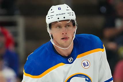 Nov 7, 2023; Raleigh, North Carolina, USA;  Buffalo Sabres defenseman Erik Johnson (6) looks on against the Carolina Hurricanes during the third period at PNC Arena. Mandatory Credit: James Guillory-USA TODAY Sports