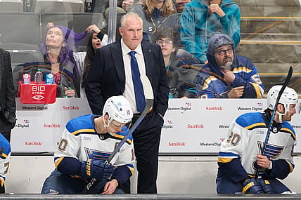 Nov 16, 2023; San Jose, California, USA; St. Louis Blues head coach Craig Berube watches the game from the bench against the San Jose Sharks during the third period at SAP Center at San Jose. Mandatory Credit: Robert Edwards-USA TODAY Sports