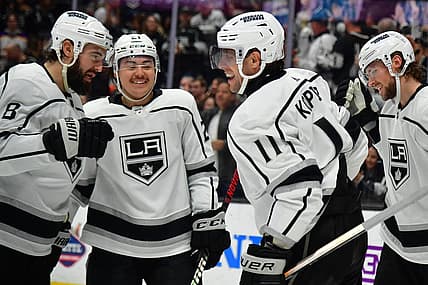 Nov 24, 2023; Anaheim, California, USA; Los Angeles Kings center Anze Kopitar (11) celebrates his goal scored against the Anaheim Ducks during the third period at Honda Center. Mandatory Credit: Gary A. Vasquez-USA TODAY Sports