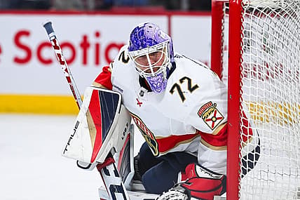 Nov 30, 2023; Montreal, Quebec, CAN; Florida Panthers goalie Sergei Bobrovsky (72) looks on during warm-up before the game against the Montreal Canadiens at Bell Centre. Mandatory Credit: David Kirouac-USA TODAY Sports