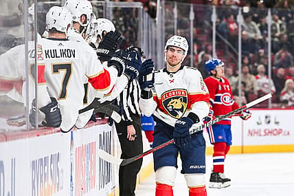 Nov 30, 2023; Montreal, Quebec, CAN; Florida Panthers center Evan Rodrigues (17) celebrates his goal against the Montreal Canadiens with his teammates at the bench during the third period at Bell Centre. Mandatory Credit: David Kirouac-USA TODAY Sports