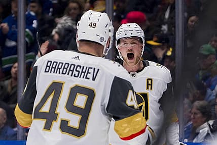 Nov 30, 2023; Vancouver, British Columbia, CAN; Vegas Golden Knights forward Ivan Barbashev (49) and forward Jack Eichel (9) celebrate Eichel   s goal against the Vancouver Canucks in the first period at Rogers Arena. Mandatory Credit: Bob Frid-USA TODAY Sports