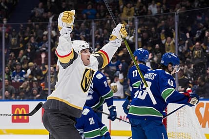 Nov 30, 2023; Vancouver, British Columbia, CAN; Vegas Golden Knights forward Ivan Barbashev (49) celebrates his goal against the Vancouver Canucks in the first period at Rogers Arena. Mandatory Credit: Bob Frid-USA TODAY Sports