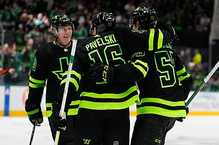 Dec 2, 2023; Dallas, Texas, USA; Dallas Stars center Joe Pavelski (16) celebrates with teammates after scoring a goal against the Tampa Bay Lightning during the second period at American Airlines Center. Mandatory Credit: Chris Jones-USA TODAY Sports