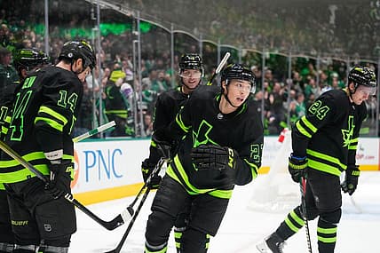 Dec 2, 2023; Dallas, Texas, USA; Dallas Stars left wing Jason Robertson (21) celebrates with teammates after scoring a goal against the Tampa Bay Lightning during the second period at American Airlines Center. Mandatory Credit: Chris Jones-USA TODAY Sports