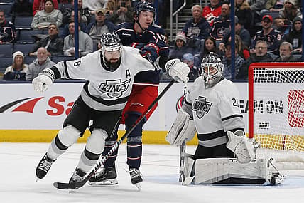 Dec 5, 2023; Columbus, Ohio, USA; Los Angeles Kings defenseman Drew Doughty (8) and Columbus Blue Jackets left wing Dmitri Voronkov (10) battle for position in front of goalie Pheonix Copley (29) during the first period at Nationwide Arena. Mandatory Credit: Russell LaBounty-USA TODAY Sports