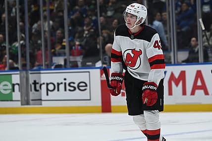 Dec 5, 2023; Vancouver, British Columbia, CAN; New Jersey Devils defence Luke Hughes (43) celebrates a goal against Vancouver Canucks during the second period at Rogers Arena. Mandatory Credit: Simon Fearn-USA TODAY Sports