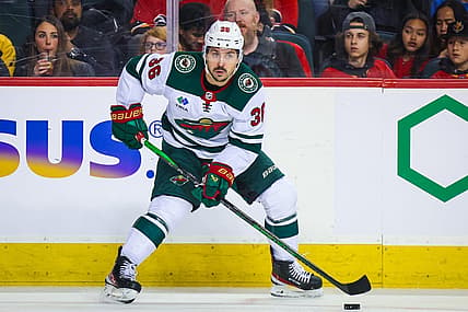 Dec 5, 2023; Calgary, Alberta, CAN; Minnesota Wild right wing Mats Zuccarello (36) controls the puck against the Calgary Flames during the first period at Scotiabank Saddledome. Mandatory Credit: Sergei Belski-USA TODAY Sports