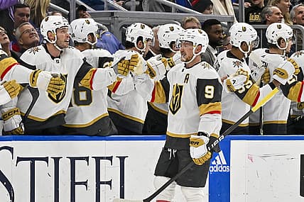 Dec 6, 2023; St. Louis, Missouri, USA;  Vegas Golden Knights center Jack Eichel (9) is congratulated by teammates after scoring against the St. Louis Blues during the second period at Enterprise Center. Mandatory Credit: Jeff Curry-USA TODAY Sports