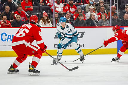 Dec 7, 2023; Detroit, Michigan, USA; San Jose Sharks center Mikael Granlund (64) handles the puck during the first period at Little Caesars Arena. Mandatory Credit: Brian Bradshaw Sevald-USA TODAY Sports