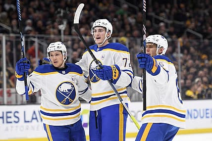 Dec 7, 2023; Boston, Massachusetts, USA; Buffalo Sabres right wing Tage Thompson (72) reacts with his line mates after scoring a goal during the second period against the Boston Bruins at TD Garden. Mandatory Credit: Bob DeChiara-USA TODAY Sports