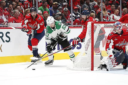 Dec 7, 2023; Washington, District of Columbia, USA; Dallas Stars center Wyatt Johnston (53) controls the puck as Washington Capitals defenseman Joel Edmundson (6) defends during the second period at Capital One Arena. Mandatory Credit: Amber Searls-USA TODAY Sports