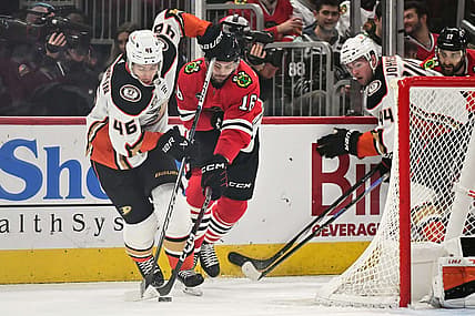 Dec 7, 2023; Chicago, Illinois, USA; Anaheim Ducks defenseman Ilya Lyubushkin (46) and Chicago Blackhawks forward Jason Dickinson (16) battle for control of the puck in the first period at United Center. Mandatory Credit: Jamie Sabau-USA TODAY Sports