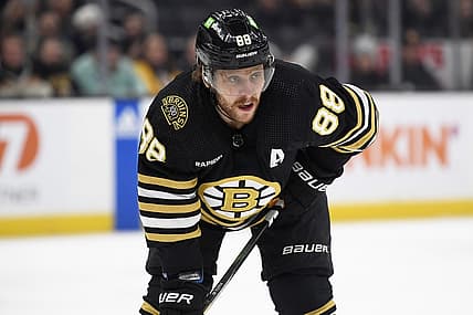 Dec 7, 2023; Boston, Massachusetts, USA; Boston Bruins right wing David Pastrnak (88) gets set for a face off during the second period against the Buffalo Sabres at TD Garden. Mandatory Credit: Bob DeChiara-USA TODAY Sports