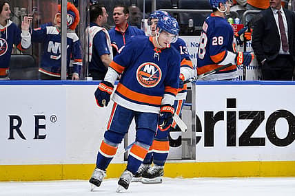 Dec 7, 2023; Elmont, New York, USA; New York Islanders center Bo Horvat (14) reacts after scoring a goal against the Columbus Blue Jackets during the third period at UBS Arena. Mandatory Credit: John Jones-USA TODAY Sports