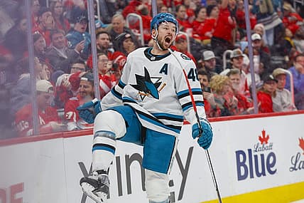 Dec 7, 2023; Detroit, Michigan, USA; San Jose Sharks center Thomas Hertl (48) reacts after scoring a goal during the third period at Little Caesars Arena. Mandatory Credit: Brian Bradshaw Sevald-USA TODAY Sports