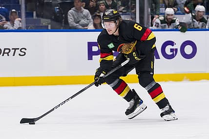 Dec 7, 2023; Vancouver, British Columbia, CAN; Vancouver Canucks forward Brock Boeser (6) handles the puck on a breakaway against the Minnesota Wild in the third period at Rogers Arena. Vancouver won 2-0. Mandatory Credit: Bob Frid-USA TODAY Sports
