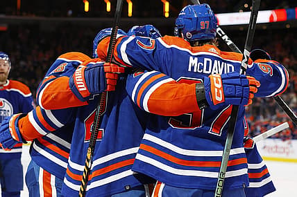Dec 8, 2023; Edmonton, Alberta, CAN; The Edmonton Oilers celebrate a goal scored by defensemen Evan Bouchard (2) during the first period against the Minnesota Wild at Rogers Place. Mandatory Credit: Perry Nelson-USA TODAY Sports