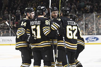 Dec 9, 2023; Boston, Massachusetts, USA;  Boston Bruins defenseman Ian Mitchell (14) center Matthew Poitras (51) center Oskar Steen (62) and defenseman Kevin Shattenkirk (12) celebrate after a goal by right wing David Pastrnak (88) against the Arizona Coyotes during the first period at TD Garden. Mandatory Credit: Bob DeChiara-USA TODAY Sports