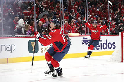 Dec 9, 2023; Washington, District of Columbia, USA; Washington Capitals left wing Sonny Milano (15) celebrates after scoring a goal past New York Rangers goaltender Igor Shesterkin (not pictured) during the first period at Capital One Arena. Mandatory Credit: Amber Searls-USA TODAY Sports