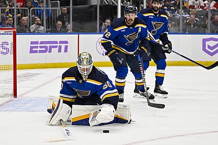 Dec 12, 2023; St. Louis, Missouri, USA;  St. Louis Blues goaltender Jordan Binnington (50) defends the net against the Detroit Red Wings during the first period at Enterprise Center. Mandatory Credit: Jeff Curry-USA TODAY Sports