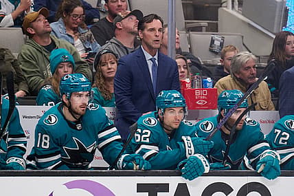 Dec 12, 2023; San Jose, California, USA; San Jose Sharks head coach David Quinn watches the game from the bench against the Winnipeg Jets during the first period at SAP Center at San Jose. Mandatory Credit: Robert Edwards-USA TODAY Sports