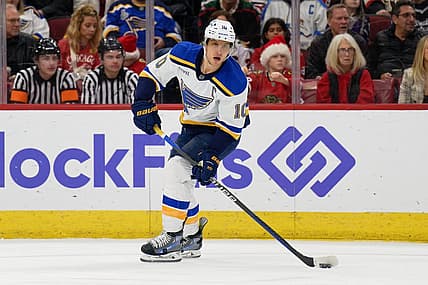 Dec 9, 2023; Chicago, Illinois, USA;  St. Louis Blues forward Brayden Schenn (10) skates against the Chicago Blackhawks at United Center. Mandatory Credit: Jamie Sabau-USA TODAY Sports