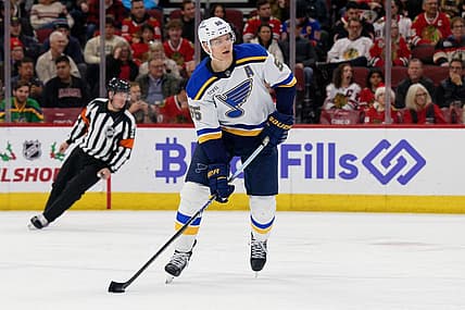 Dec 9, 2023; Chicago, Illinois, USA;  St. Louis Blues defenseman Colton Parayko (55) skates against the Chicago Blackhawks at United Center. Mandatory Credit: Jamie Sabau-USA TODAY Sports