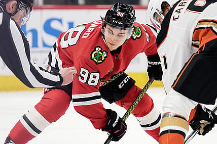 Dec 7, 2023; Chicago, Illinois, USA;  Chicago Blackhawks forward Connor Bedard (98) skates against the Anaheim Ducks at United Center. Mandatory Credit: Jamie Sabau-USA TODAY Sports