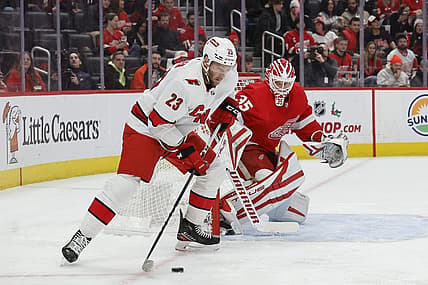 Dec 14, 2023; Detroit, Michigan, USA; Carolina Hurricanes right wing Stefan Noesen (23) skates with the puck in the first period against the Detroit Red Wings at Little Caesars Arena. Mandatory Credit: Rick Osentoski-USA TODAY Sports