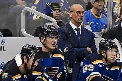 Dec 14, 2023; St. Louis, Missouri, USA;  St. Louis Blues interim head coach Drew Bannister looks on from the bench during the first period against the Ottawa Senators at Enterprise Center. Mandatory Credit: Jeff Curry-USA TODAY Sports