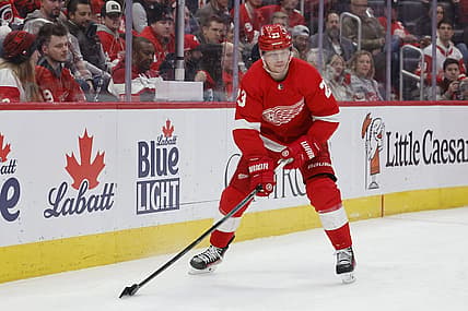 Dec 14, 2023; Detroit, Michigan, USA; Detroit Red Wings left wing Lucas Raymond (23) skates with the puck in the second period against the Carolina Hurricanes at Little Caesars Arena. Mandatory Credit: Rick Osentoski-USA TODAY Sports